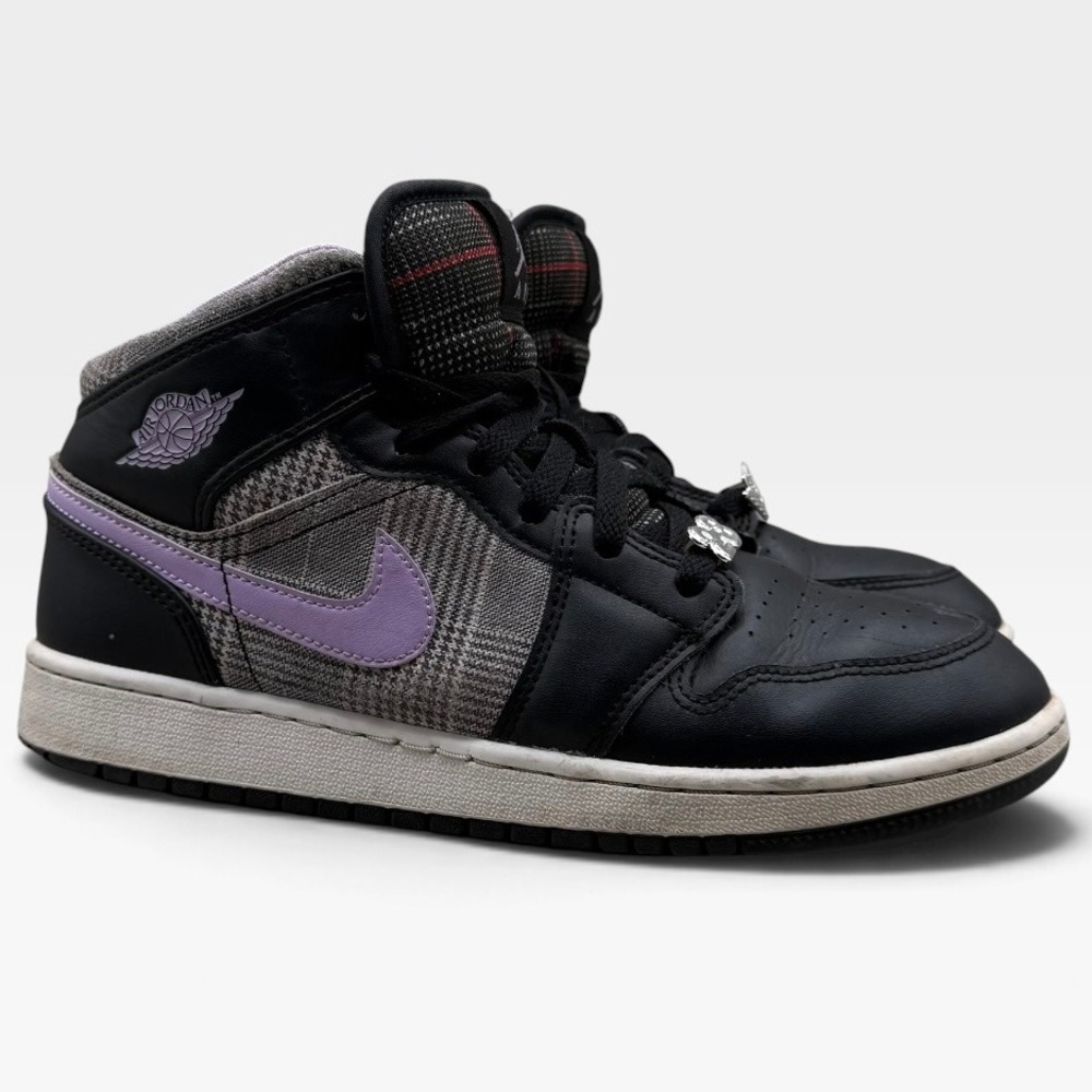 Nike Air Jordan 1 Mid SE Kids 7Y Houndstooth Plaid Black Lavender DC7226-015